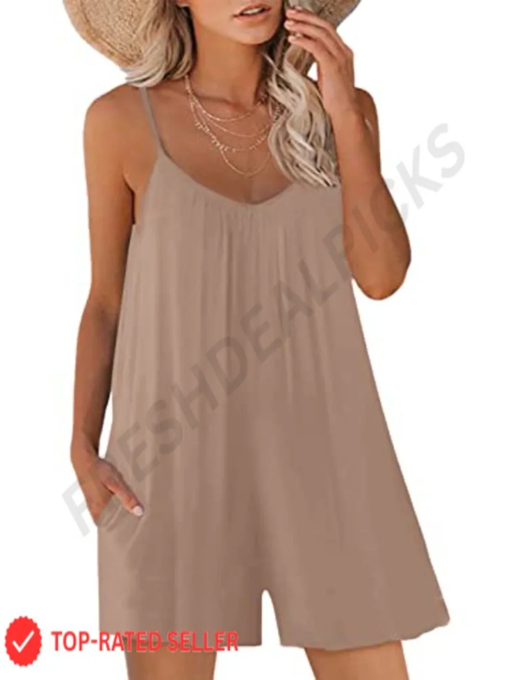 Sleeveless Romper for Women Adjustable Spaghetti Strap Loose Fit with Pockets